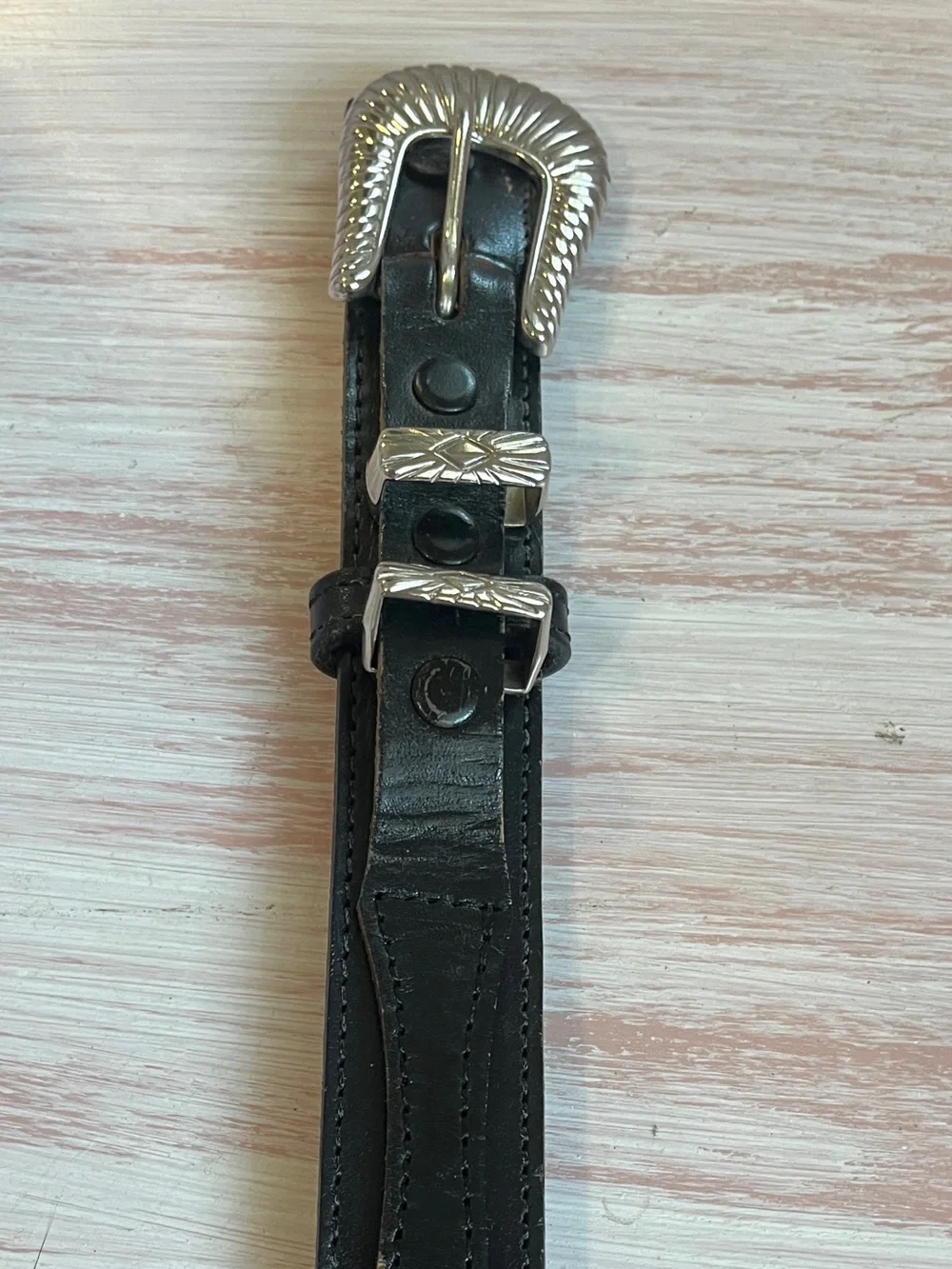 Full Grain CowHide Black Leather Belt with Decorative Silver Buckle 26inch